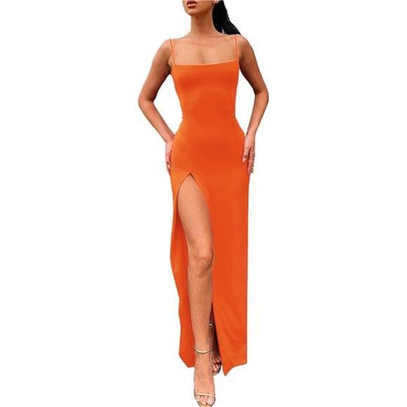 Dresses & Skirts - Women's Spaghetti Strap Bodycon Maxi Dress Long Formal Thigh-high Slit
